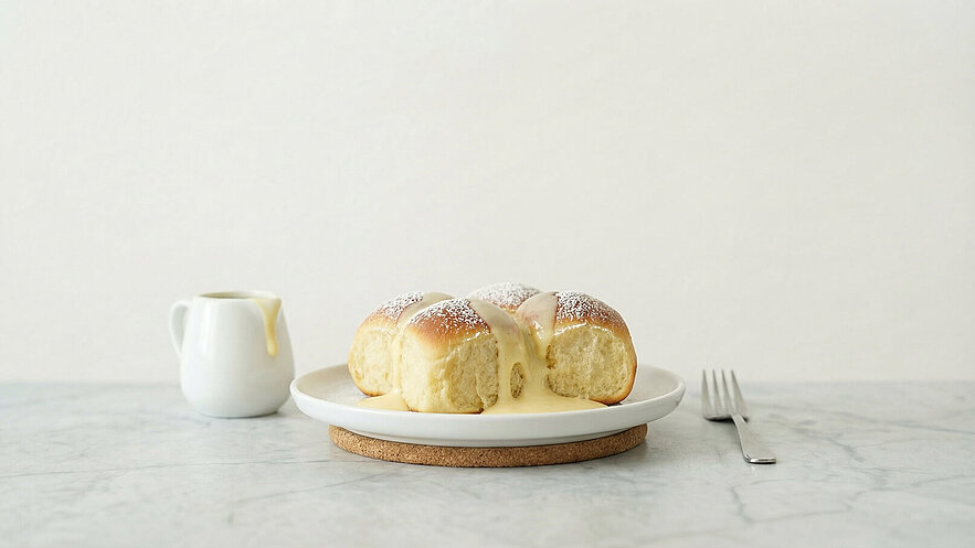 Ein Teller mit vier fluffigen Brötchen, die mit Puderzucker bestäubt sind. Eines der Brötchen ist aufgebrochen und zeigt eine cremige Füllung. Neben dem Teller steht eine kleine Sauciere mit einer ähnlichen Creme. Der Hintergrund ist hell und neutral.