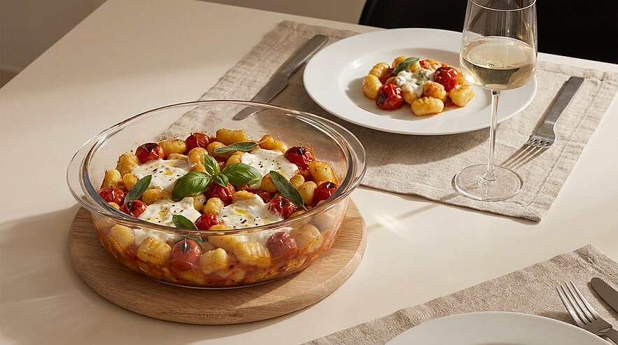 Gebackene Gnocchi mit Kirschtomaten, geschmolzenem Käse und frischem Basilikum in einer Glas-Auflaufform.