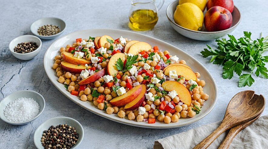 Teller mit frischem Kichererbsensalat: Kichererbsen, Pfirsichscheiben, zerbröselter Feta, gewürfelte Paprika und gehackte Petersilie.