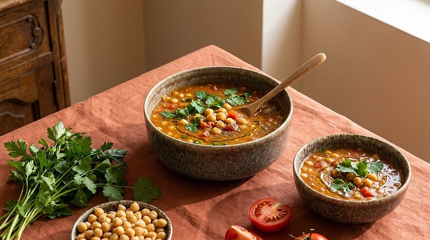 Zwei Schalen Kichererbsensuppe, eine mit Holzlöffel, garniert mit frischer Petersilie; daneben Schale mit Kichererbsen, Tomatenhälften und Petersilienbund auf Tisch.