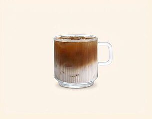 Ein halb gefüllter, transparenter Glasbecher enthält ein geschichtetes Getränk mit einer dunklen Oberseite und einer helleren unteren Schicht. Im Hintergrund sind vier weitere leere Becher abgebildet. Der Fokus liegt auf dem gefüllten Becher in der Mitte.