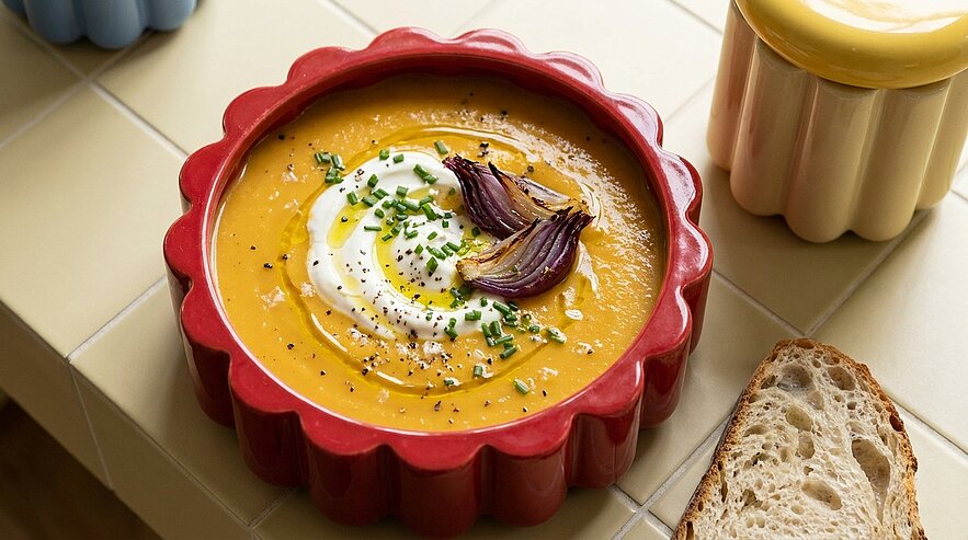 Rote Schale mit cremiger orangefarbener Suppe (Kürbis/Karotte), garniert mit Crème fraîche, gehacktem Schnittlauch, gerösteten roten Zwiebelspalten und Pfeffer; daneben eine Scheibe Brot.