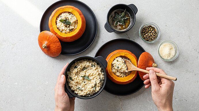 Zwei Hände füllen Risotto mit einem Holzlöffel aus einer schwarzen Schale in einen gebackenen Mini-Kürbis.