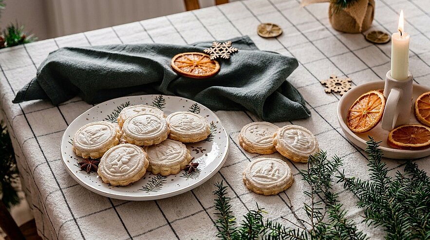 Teller mit verzierten runden Weihnachtsplätzchen auf kariertem Tisch, daneben Tannenzweige, getrocknete Orangenscheiben und brennende Kerze.