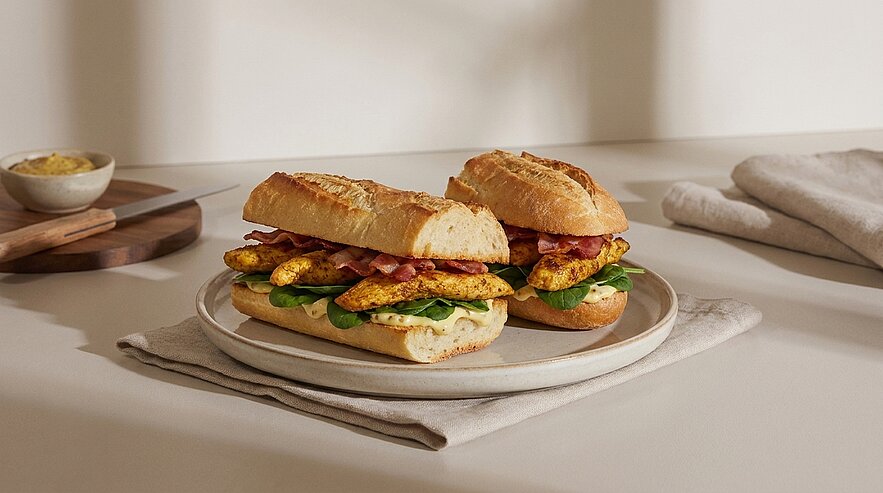 Zwei Baguette-Sandwiches auf einem Teller: knuspriges Brot gefüllt mit gegrilltem Hähnchen, knusprigem Speck, frischem Spinat und einer leichten Sauce.