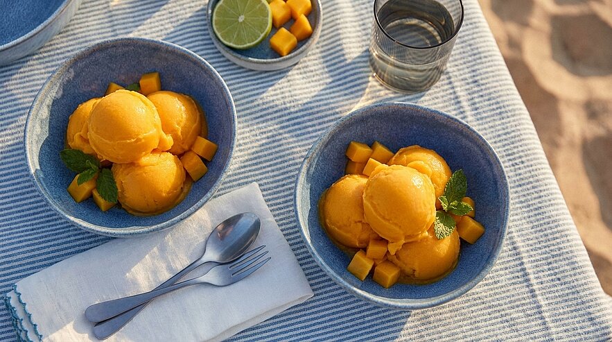 Zwei blaue Schalen mit je drei Kugeln leuchtendem Mango-Sorbet, garniert mit Mangowürfeln und Minzblättern; daneben eine kleine Schale mit Limettenhälfte und Mangostücken sowie Besteck.