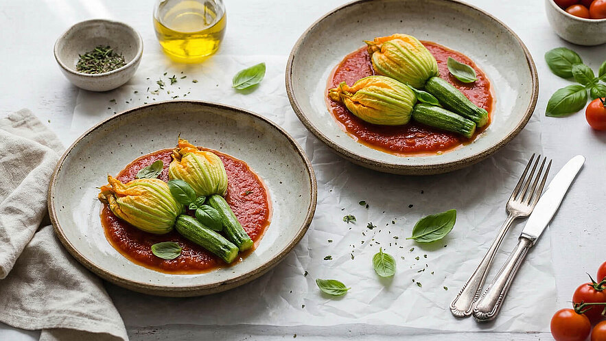 Zwei Teller mit gefüllten Zucchiniblüten auf einer Tomatensauce, garniert mit frischem Basilikum. Im Hintergrund befindet sich ein Glas mit Olivenöl und eine Schüssel mit Kräutern. Das Gericht ist in einem rustikalen Ambiente angerichtet.