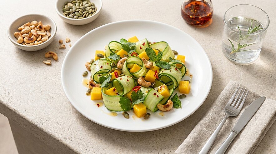 Weißer Teller mit Gurken‑Mango‑Salat: dünn geschnittene Gurkenröllchen, Mangowürfel, Cashewnüsse, frische Korianderblätter, Kürbiskerne und Chiliflocken.