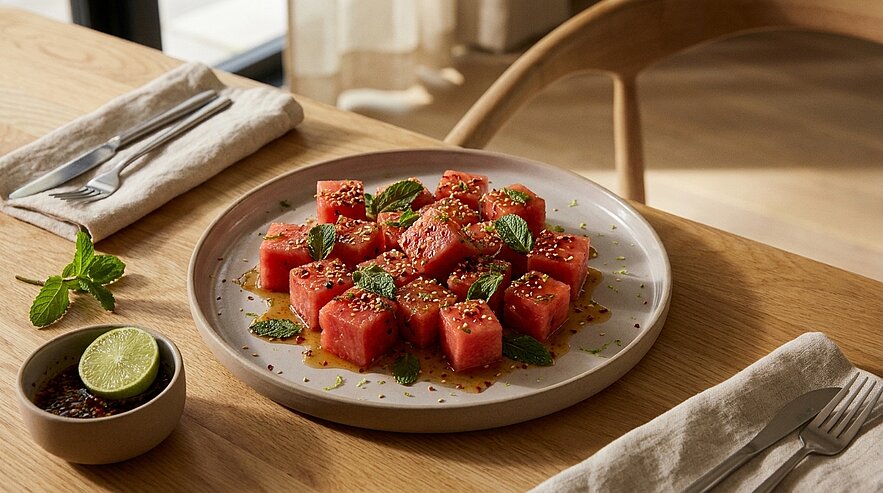 Sommerlicher Teller mit gewürfelter Wassermelone, garniert mit Minzblättern, Sesamkörnern und einem würzigen Dressing; daneben kleine Schale mit Limette und Dip.