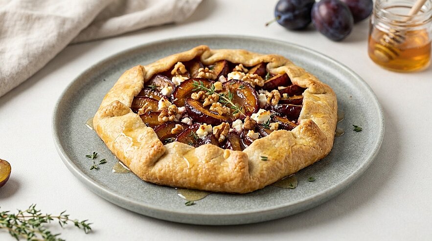 Rustikale Pflaumen-Galette mit goldbraunem Teigrand, in der Mitte geschichtete Pflaumen, karamellisierte Nüsse und Kräuter, serviert auf einem grauen Teller.
