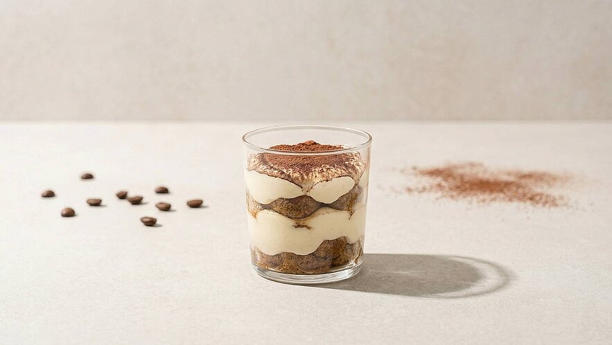 Ein Glas mit Schichten aus Mascarponecreme, Löffelbiskuits und Kakaopulver ist zu sehen. Daneben liegen einige Kaffeebohnen und ein kleiner Haufen Kakaopulver. Der Hintergrund ist in neutralen, hellen Farbtönen gehalten.