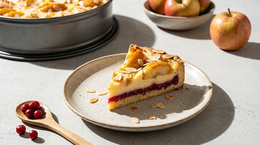 Ein Stück Apfelkuchen auf einem Teller, garniert mit Mandelsplittern. Im Hintergrund eine runde Kuchenform und eine Schüssel mit Äpfeln. Einige rote Beeren liegen neben einem Holzlöffel auf dem Tisch.