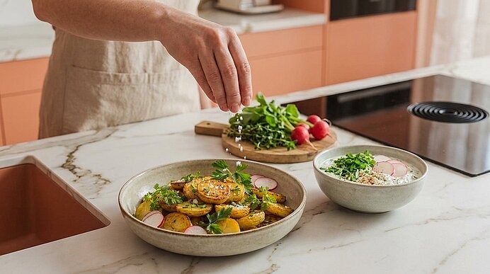 Hand streut Kräuter über zwei Schalen mit Kartoffelscheiben, Radieschen und frischen Kräutern auf einer Küchenarbeitsplatte; im Hintergrund ein Holzbrett mit Radieschen und Kräuterbündeln.