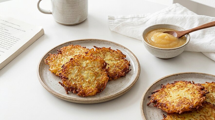 Drei goldbraune, knusprige Kartoffelpuffer auf einem Keramikteller, daneben ein weiterer Teller mit einem Puffer und ein Schälchen Apfelmus mit Holzlöffel auf hellem Tisch.