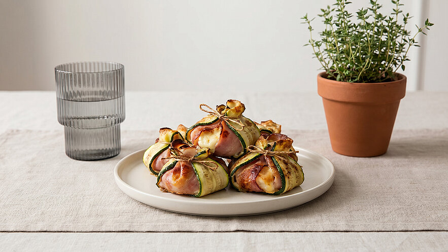 Auf einem weißen Teller liegen mehrere sorgfältig verpackte Knödel, umhüllt von Zucchinistreifen und mit Speck umwickelt. Daneben steht ein Glas Wasser und ein Blumentopf mit frischem Thymian. Der Hintergrund ist schlicht und neutral gehalten.