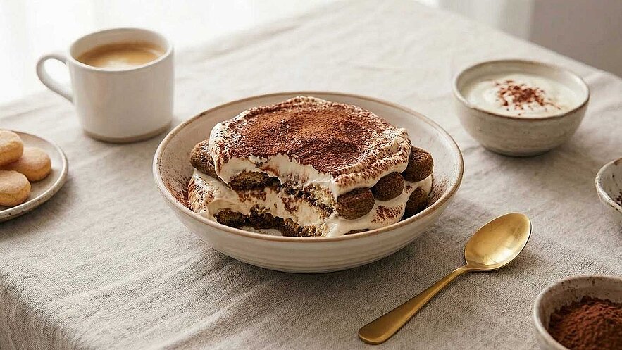 Ein Teller mit Tiramisu, üppig mit Kakaopulver bestäubt, steht auf einem Tisch. Daneben gibt es eine Tasse Kaffee, eine Schüssel Joghurt und einige Kekse. Ein goldener Löffel liegt auf dem Tisch.