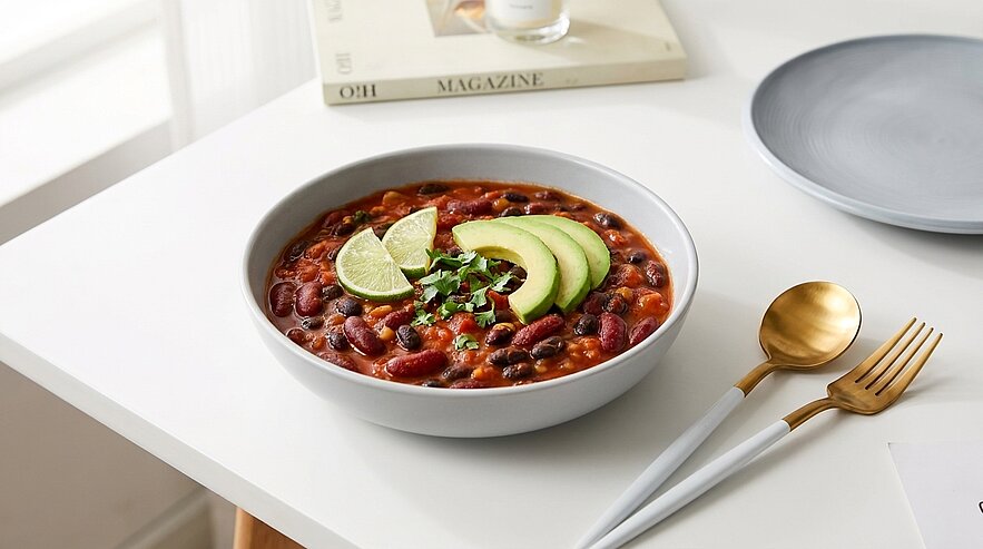 Schüssel Chili mit Bohnen in Tomatensauce, garniert mit Avocadoscheiben, Limettenvierteln und gehacktem Koriander auf weißem Tisch.
