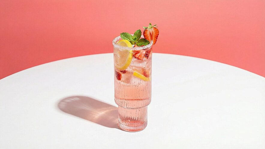 Ein hoher Glasbecher mit einem rosafarbenen Erfrischungsgetränk, garniert mit frischen Erdbeeren, Zitronenscheiben und einem Minzblatt. Der Becher steht auf einem weißen Tisch, während der Hintergrund in einem sanften Rosa gehalten ist.