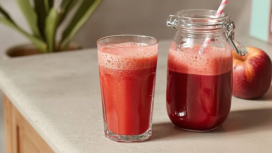 Zwei Gläser roter Saft stehen auf einer grauen Küchenarbeitsplatte. Ein Glas ist gefüllt, das andere ist eine große Glasflasche mit einem Trinkhalm. Im Hintergrund ist ein roter Apfel sichtbar.