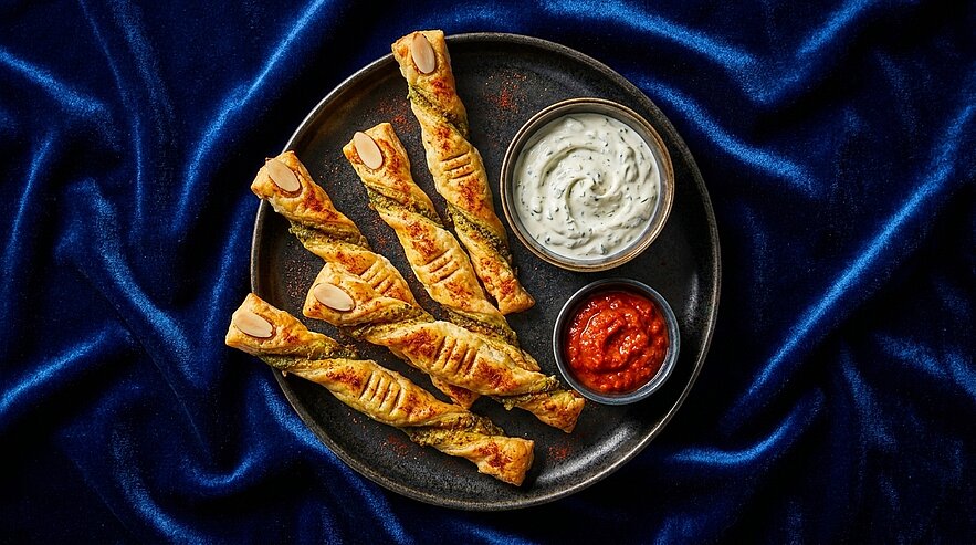 Dunkler Teller mit mehreren gedrehten Blätterteigstangen, jeweils mit Mandelblättchen bestreut, dazu zwei Dips: heller Kräuterquark und roter Tomaten‑/Paprikadip.