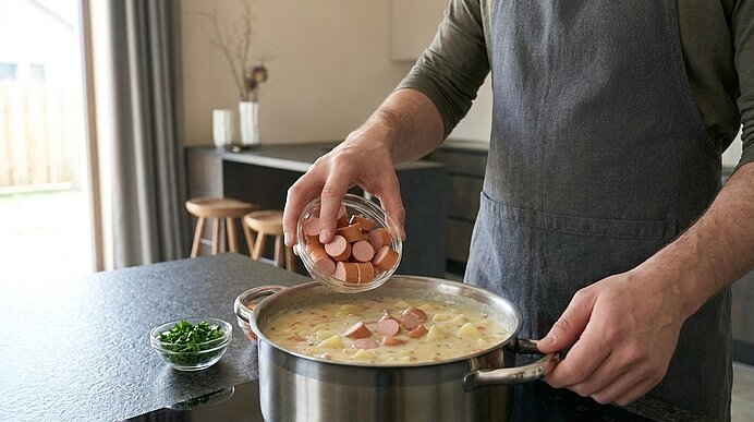 Person in Schürze gibt in Scheiben geschnittene Würstchen in einen großen Topf mit cremiger Kartoffelsuppe.