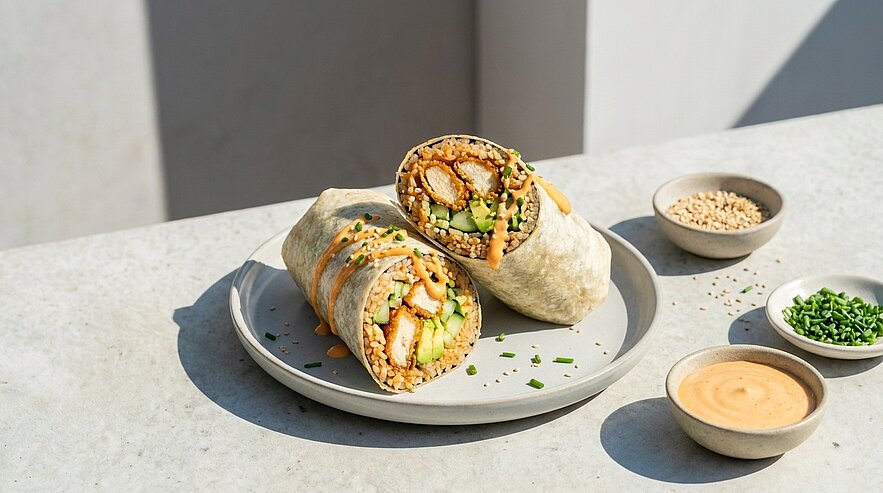 Zwei halbierte Wraps mit knusprigem Hähnchen, Avocado, Reis und Kräutern auf einem Teller, daneben kleine Schälchen mit cremiger Sauce, gehackten Kräutern und Nüssen.