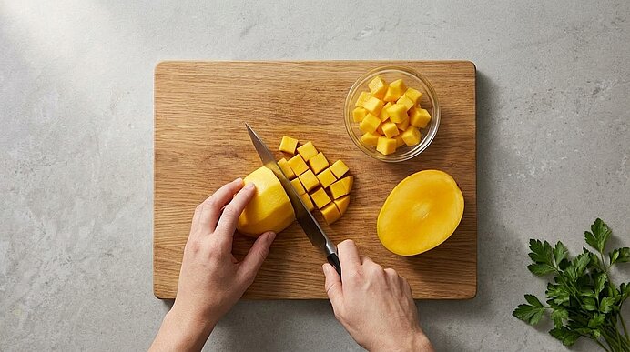 Zwei Hände schneiden eine Mango auf einem Holzbrett in Würfel. Daneben stehen eine Schale Mangowürfel und Petersilie.