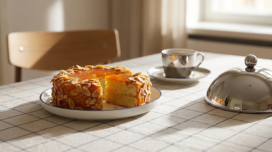 Runder Mandelkuchen mit glänzender Glasur und Mandelblättchen, ein Stück herausgeschnitten, auf einem Teller neben einer Tasse auf kariertem Tischtuch.