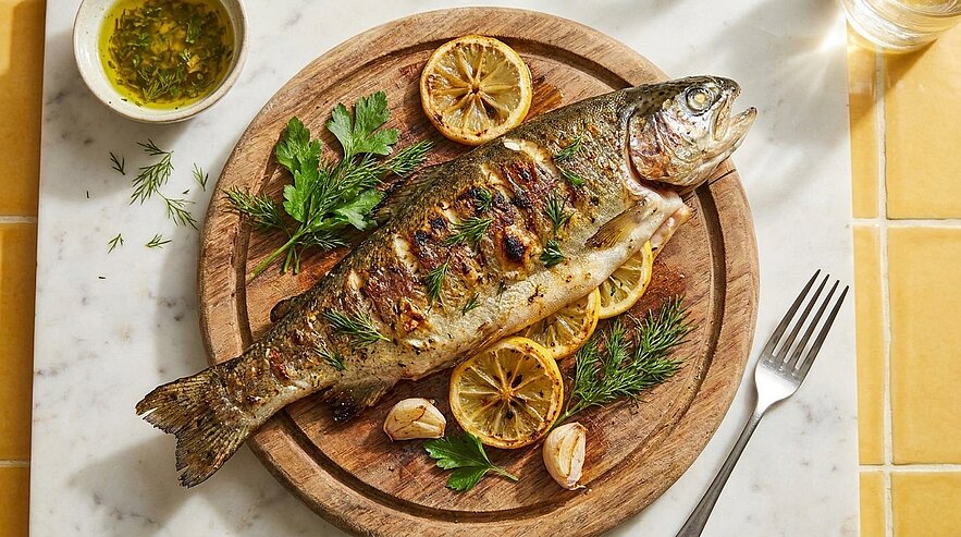 Gegrillte ganze Forelle auf rundem Holzbrett, garniert mit Zitronenscheiben, frischen Kräutern (Petersilie, Dill) und geröstetem Knoblauch.