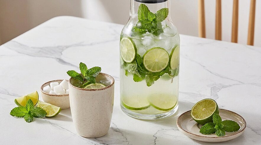 Ein transparentes Glas mit frischer Limetten-Limonade ist auf einem Tisch platziert. Daneben steht eine Glaskaraffe mit dem gleichen Getränk, gefüllt mit Limettenscheiben und frischer Minze. Außerdem sind einige Limettenschnitze und eine Schale mit Zuckerwürfeln sichtbar.