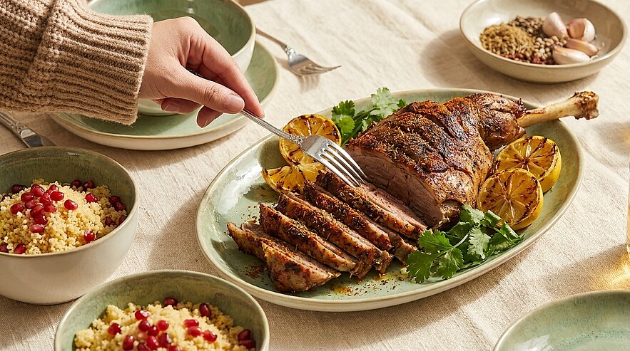 Eine Hand schneidet ein Stück von einer mit Gewürzen bedeckten gegrillten Fleischplatte, die mit frischen Zitronen und Kräutern garniert ist. Neben der Fleischplatte stehen Schalen mit Couscous und Granatapfelkernen. Die Szene vermittelt eine einladende Atmosphäre eines festlichen Essens.