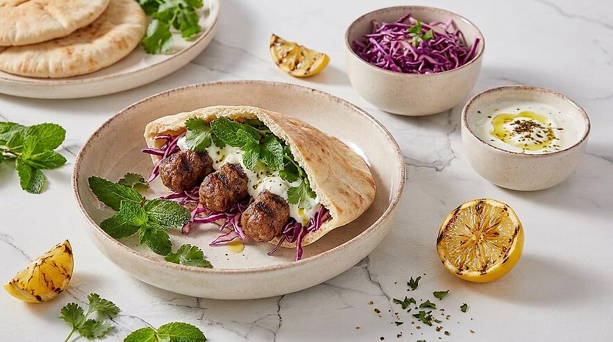 Fladenbrot gefüllt mit gebratenen Fleischbällchen, Rotkohl, Joghurt-Sauce und frischer Minze; gegrillte Zitrone und Schälchen mit extra Rotkohl und Sauce daneben.