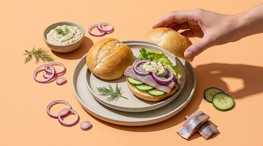 Offenes Fischbrötchen auf einem Teller: Brötchenhälften mit Salat, Gurkenscheiben, roten Zwiebelringen, cremigem Dillaufstrich und mariniertem Hering. Daneben zwei Brötchen und eine Hand, die ein Brötchen greift.