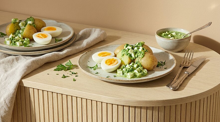 Zwei Teller mit neuen Kartoffeln, halbierten weichgekochten Eiern und frischem Gurken-Kräutersalat mit Kräutern; daneben kleine Schüssel mit grünem Dressing und Besteck auf hellem Holztisch.