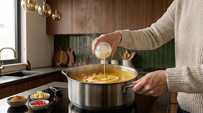 Hand einer Person gießt Sahne in einen großen Topf mit dampfender orangener Suppe auf dem Herd; daneben kleine Schalen mit Gewürzen und gehacktem Gemüse in einer modernen Küche.