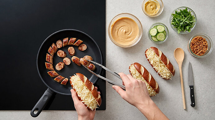 Zwei Hände legen gebratene Bratwurstscheiben mit einer Zange aus der Pfanne in eine mit Krautsalat gefüllte Laugenstange.