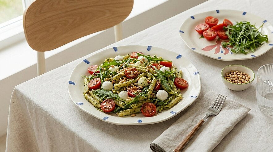 Frühlingshafter Pasta-Salat mit grünen Spargelstangen, Kirschtomaten, kleinen Mozzarellakugeln, Rucola und Pinienkernen auf einem Teller.