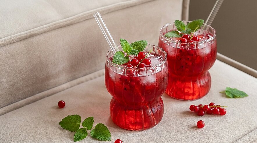 Zwei rote Sommerdrinks mit Eiswürfeln, garniert mit Johannisbeeren, frischer Minze und Trinkhalmen in geriffelten Gläsern auf hellem Stoff.