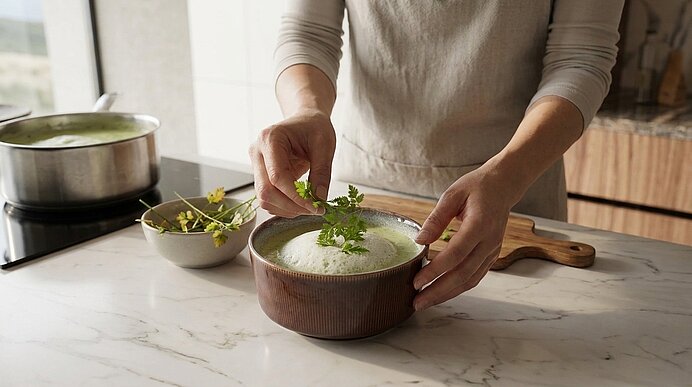Person in Schürze richtet eine Schüssel grüner Suppe auf der Küchenarbeitsfläche an und garniert sie mit frischen Kräutern.