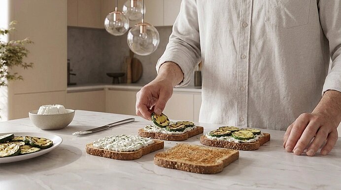 Person bereitet auf einer Küchenarbeitsplatte offene Sandwiches zu, bestreicht Toastscheiben mit Aufstrich und belegt sie mit dünnen grünen Gemüsescheiben.