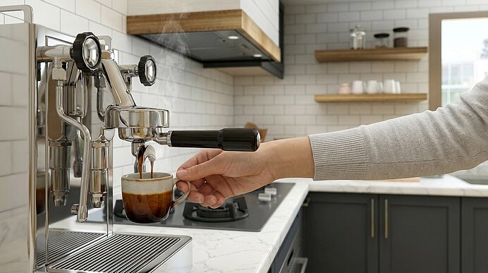 Hand hält Tasse unter Siebträgermaschine, frischer Espresso fließt in die Tasse.