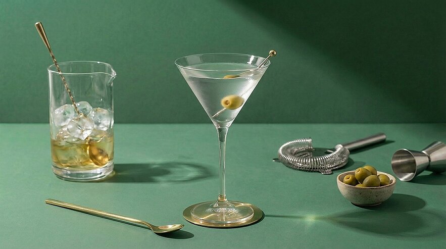Martini im Martiniglas mit grüner Olive, daneben Rührglas mit Eis, langer Barlöffel, Barsieb, Jigger und kleine Schale mit Oliven auf grünem Untergrund.