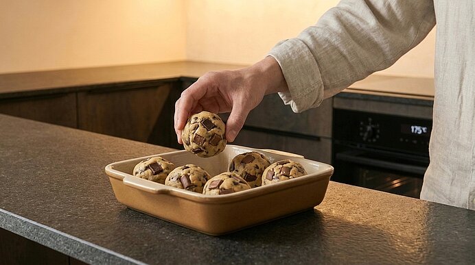 Eine Hand legt ein Teigbällchen mit Schokoladenstücken in eine ofenfeste Form; mehrere ähnliche Kugeln liegen darin auf der Küchenarbeitsplatte, bereit zum Backen.