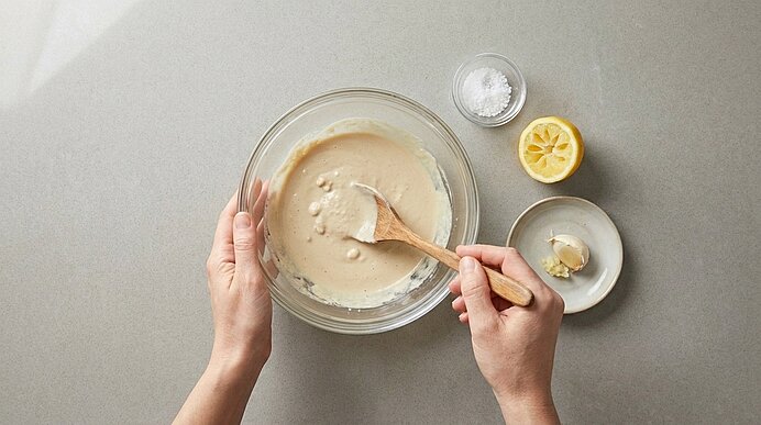Zwei Hände verrühren Tahini-Sauce mit einem Holzlöffel in einer Glasschüssel auf hellgrauer Arbeitsplatte.