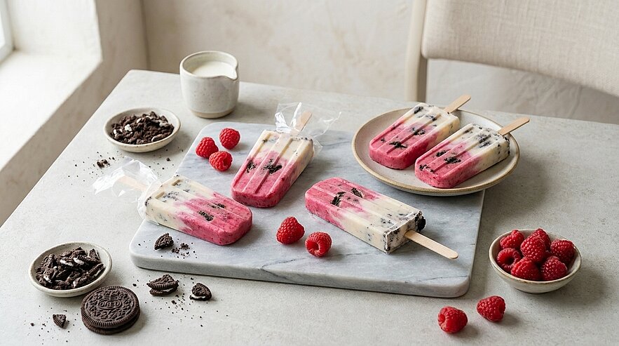 Mehrere Eis am Stiel mit rosa Himbeer- und weißer Cookies‑and‑Cream‑Schicht auf einer Marmorplatte, umgeben von frischen Himbeeren und Keksstücken.