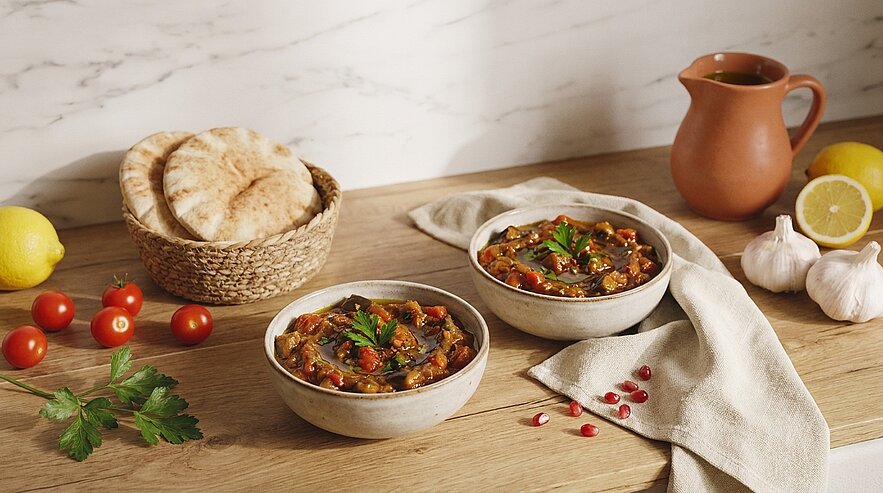 Zwei Schalen mit einem herzhaften Gericht stehen auf einem Holztisch. Daneben liegen frische Tomaten, eine Zitrone, Knoblauch und ein Korb mit Fladenbrot. Im Hintergrund ist eine Kanne sichtbar. Die Präsentation vermittelt eine einladende Atmosphäre für ein köstliches Essen.