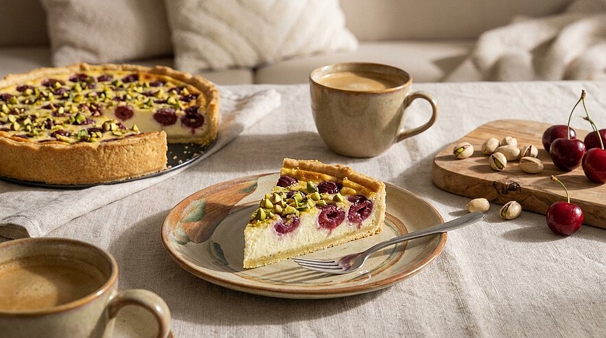 Scheibe Kirsch‑Pistazien-Käsekuchen auf Teller mit Gabel; im Hintergrund ganzer Kuchen, Tassen Kaffee, Pistazien und Kirschen.