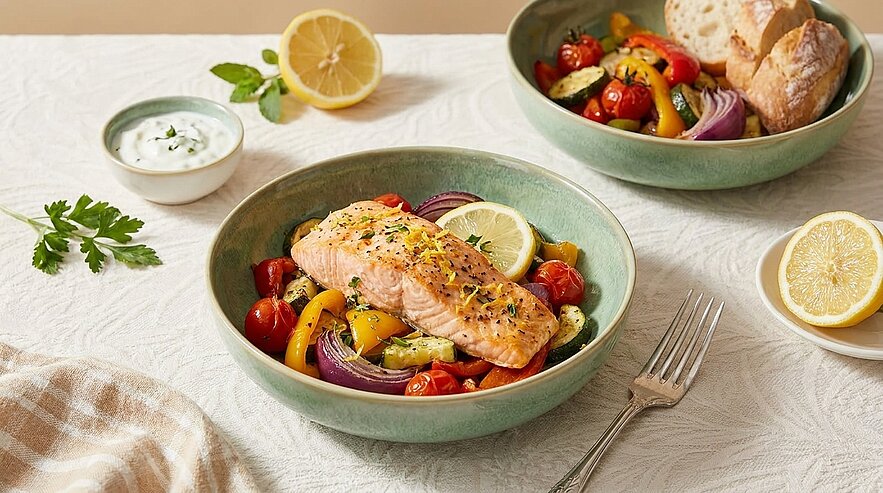 Gebratenes Lachsfilet auf bunter Gemüsepfanne (Kirschtomaten, Paprika, rote Zwiebel) in grüner Schüssel, garniert mit Zitronenscheiben und Kräutern; daneben Joghurtdip und Brot.
