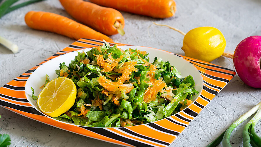 Ein frischer Salat aus grünen Blättern und geraspelten Karotten, angerichtet auf einem orange-gestreiften Teller. Eine Zitronenscheibe dekoriert das Gericht. Im Hintergrund sind weitere frische Zutaten wie Karotten und Zitronen sichtbar.