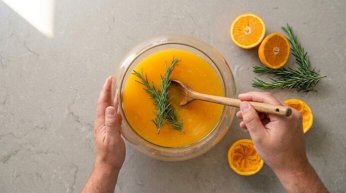 Zwei Hände verrühren Orangensaft, Aperol und Rosmarin mit einem Holzlöffel in einer Glasschüssel auf grauer Arbeitsplatte.